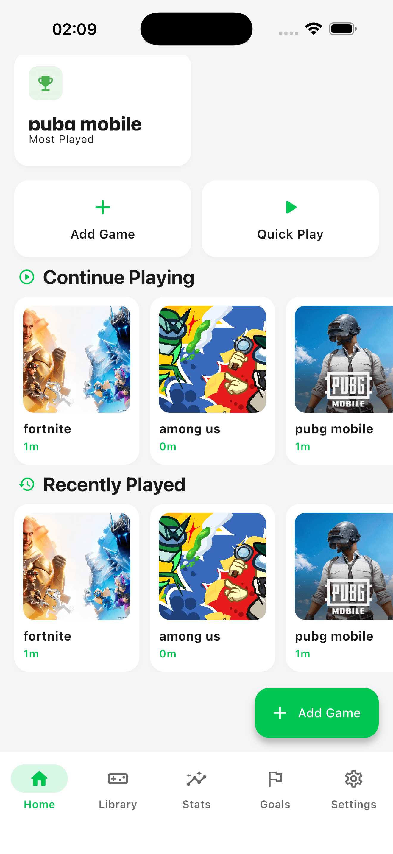 Home dashboard showing the most played game, quick actions, and Continue Playing and Recently Played rows